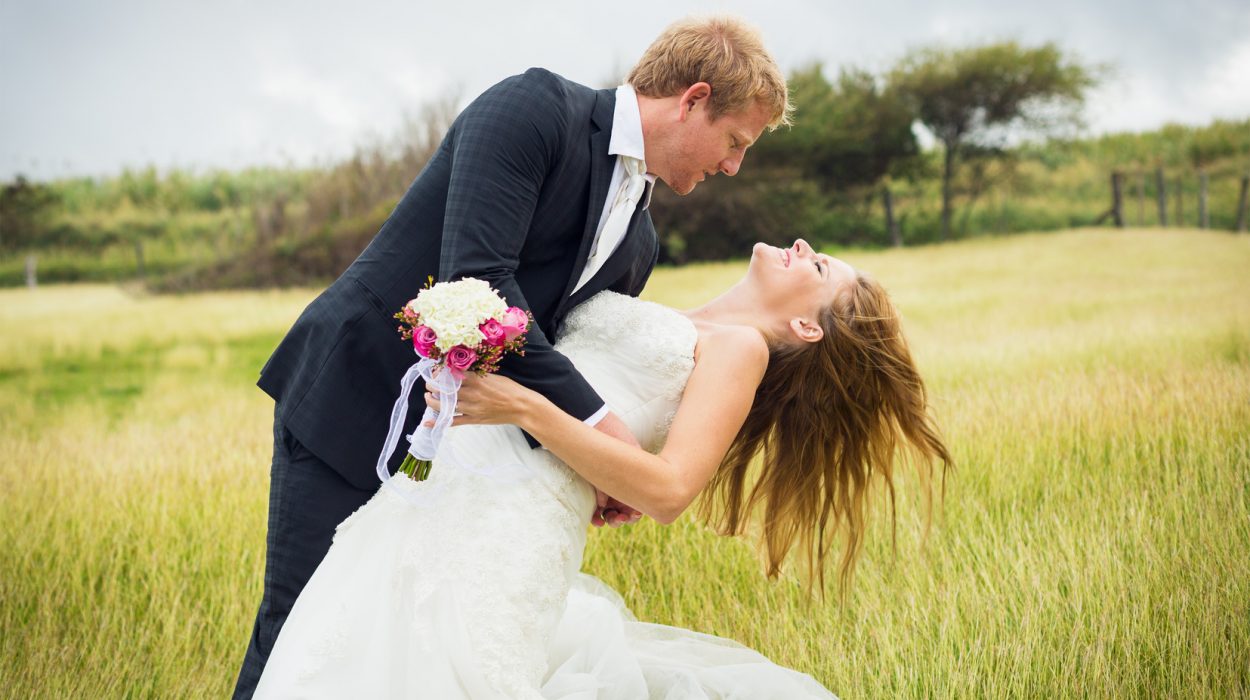 Wedding Couple, Happy romantic bride and groom kissing